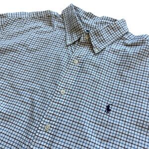 Ralph Lauren Shirt Mens 2XL Blue White Check Button Down Classic Fit Office Pony